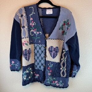 Vintage Christopher & Banks Blue Patchwork Cardigan sz L hand knit grandma *flaw